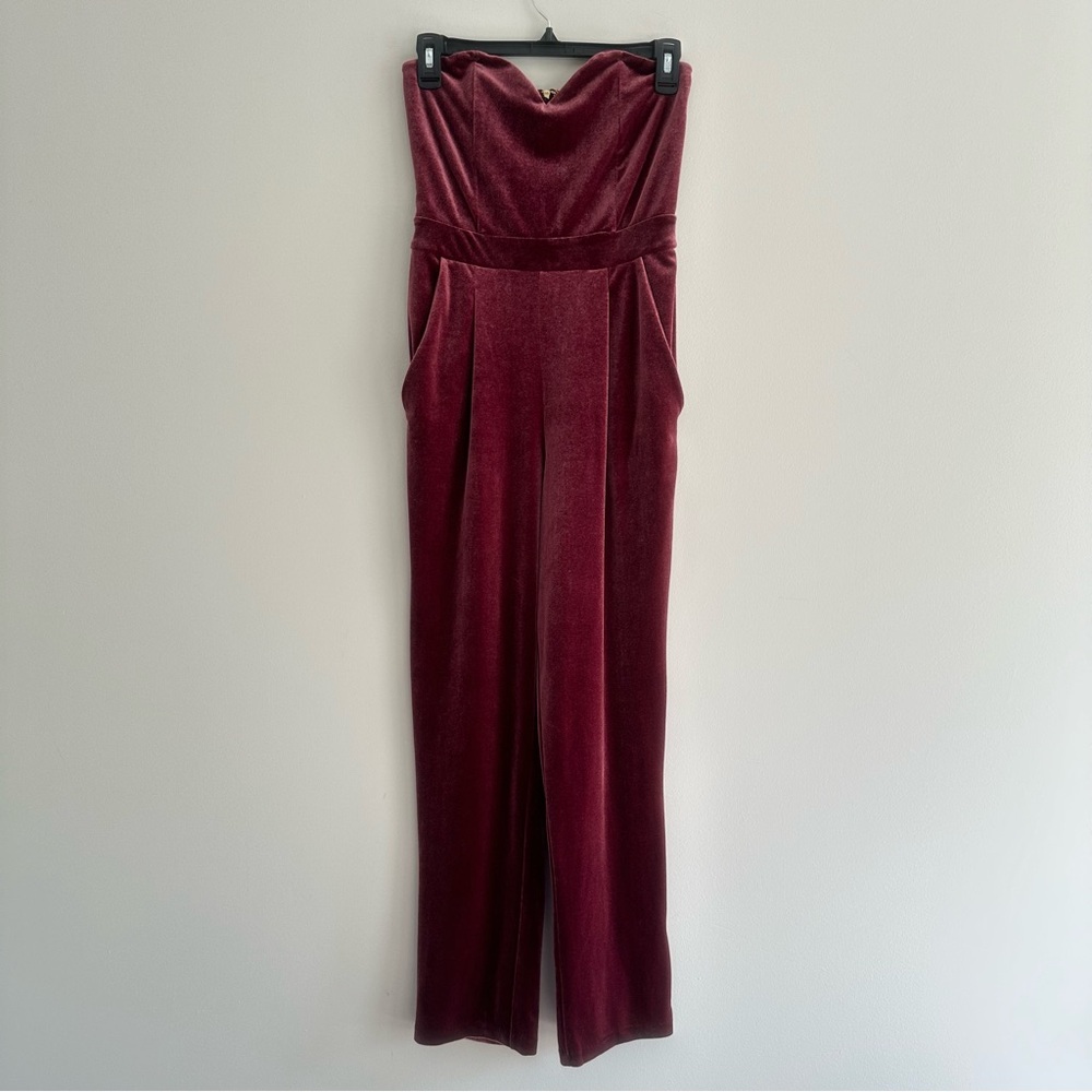 Express Burgundy Strapless Velvet Jumpsuit